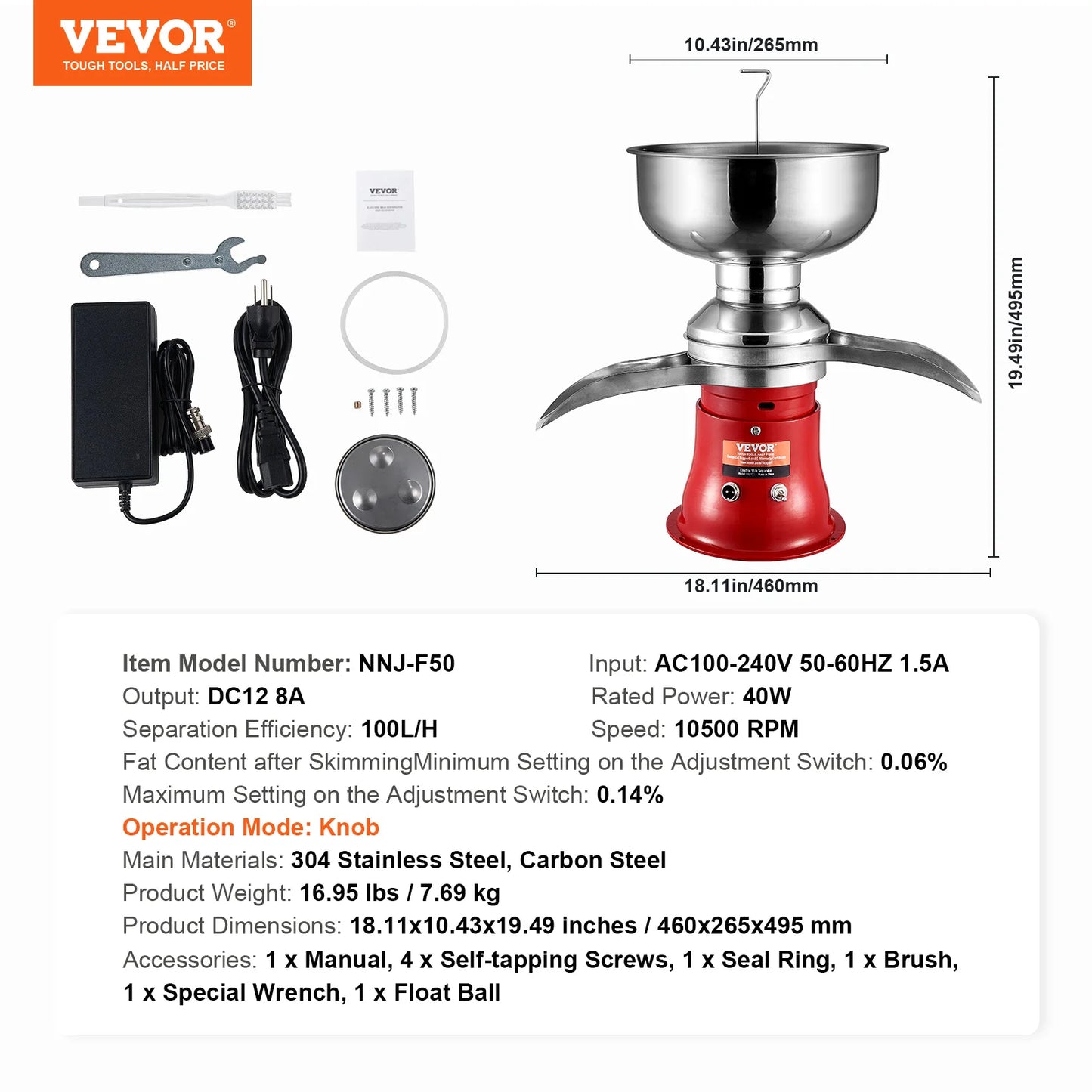 VEVOR Milk Cream Centrifugal Separator, 304 Stainless Steel Cream Separators, 100L/H Output