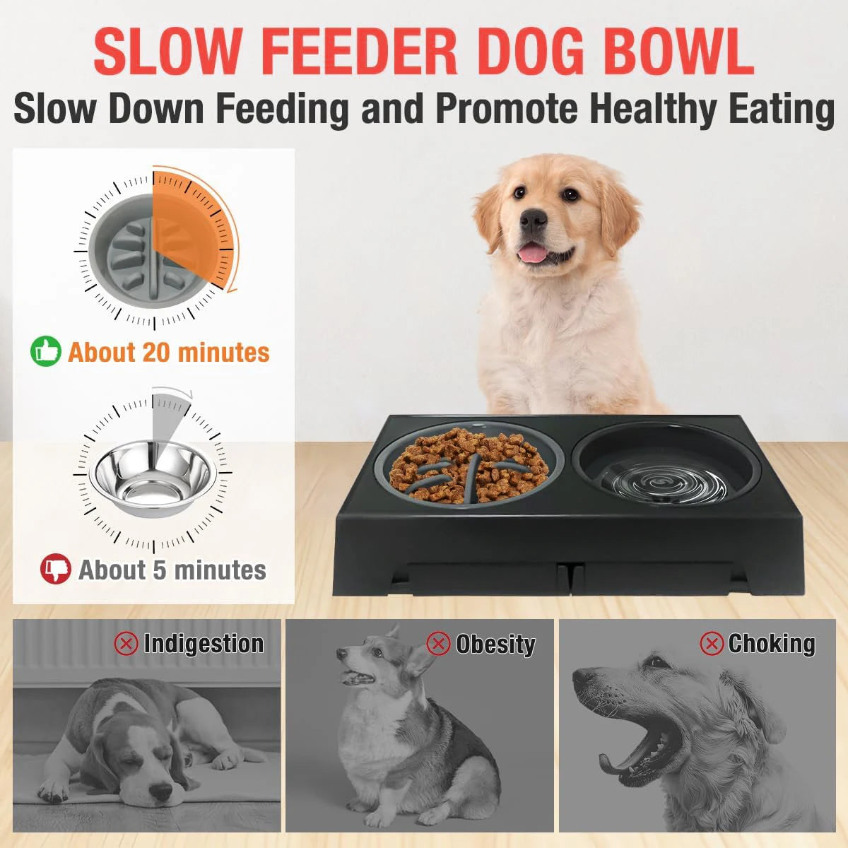 Elevated Slow Feeder Pet Bowl Holder with 5 Height Adjustments for Small, Medium and Large Dogs, Cats and Pets Water Bowls.
