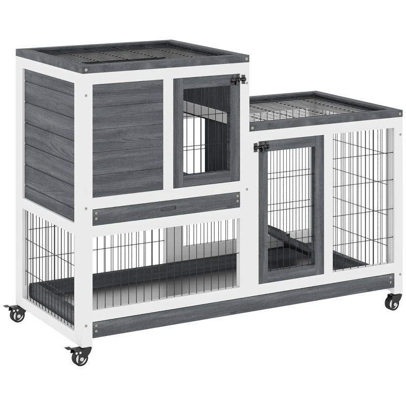 Wooden Indoor Elevated Rabbit Hutch With Wheels For Rabbits, Guinea Pigs