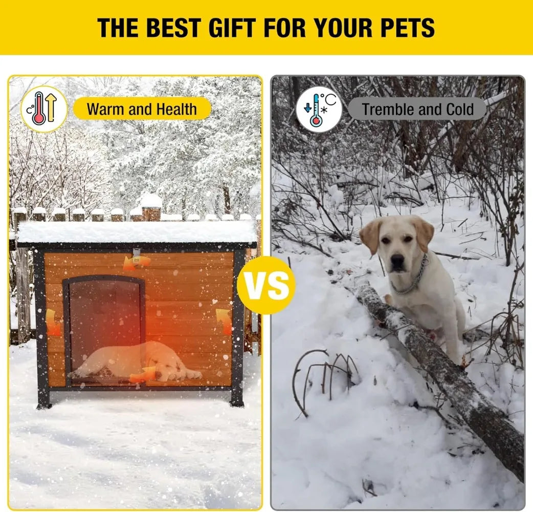 Insulated Outdoor Dog House with Liner Wooden Dog Kennel All-Around Iron Frame Waterproof