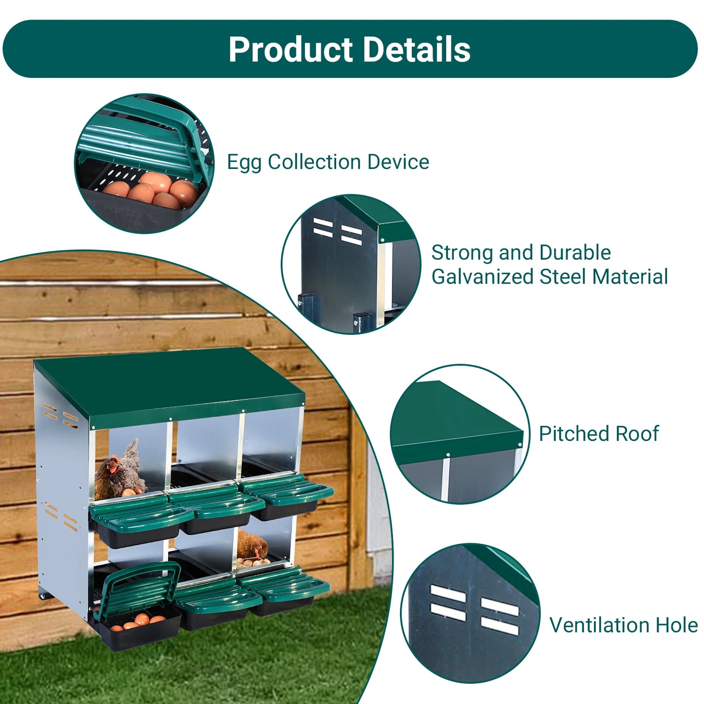 Layer Hen Nesting Boxes, 6  Boxes, 2 Story With Roll Away Eggs