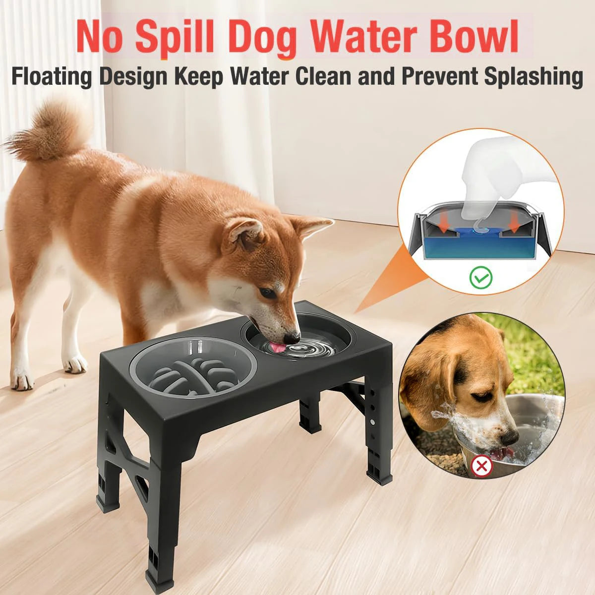 Elevated Slow Feeder Pet Bowl Holder with 5 Height Adjustments for Small, Medium and Large Dogs, Cats and Pets Water Bowls.