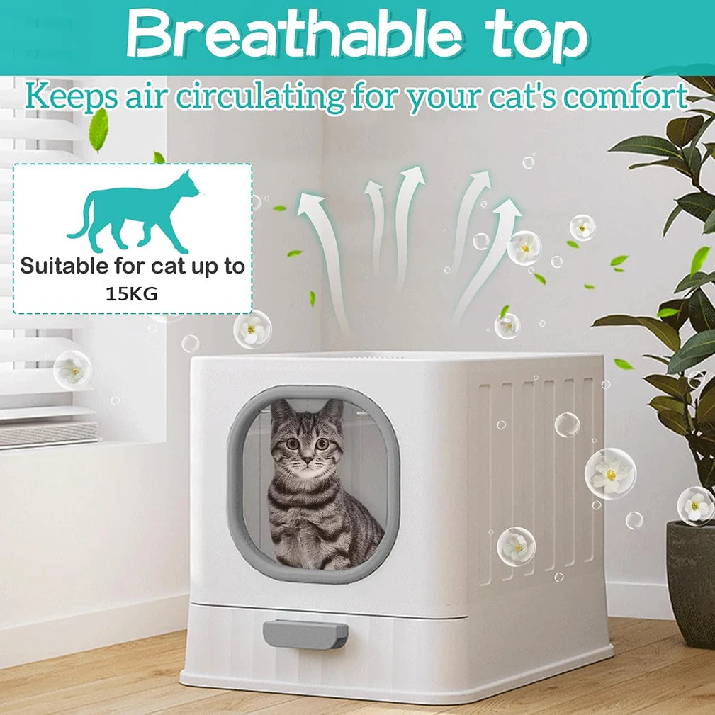 Leak-proof Enclosed Cat Litter Box With Pull Drawer