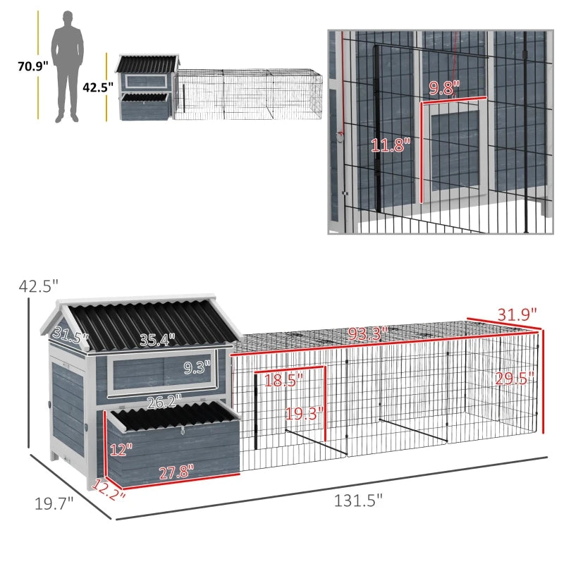 11' x 5' x 3.5' Wooden Chicken Coop with Nesting Box, Run, Pull-Out Tray, Perches For 2-4 Chickens