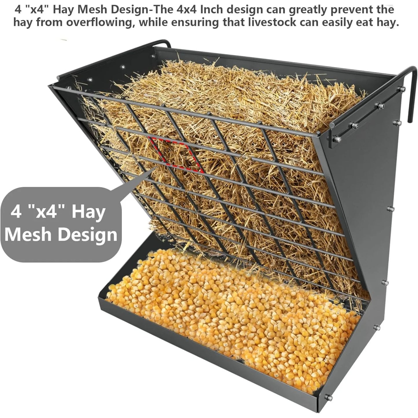 US Wall Mount, Heavy-Duty Hay Rack, Galvanized 2 in 1 Hay And Grain Feeder