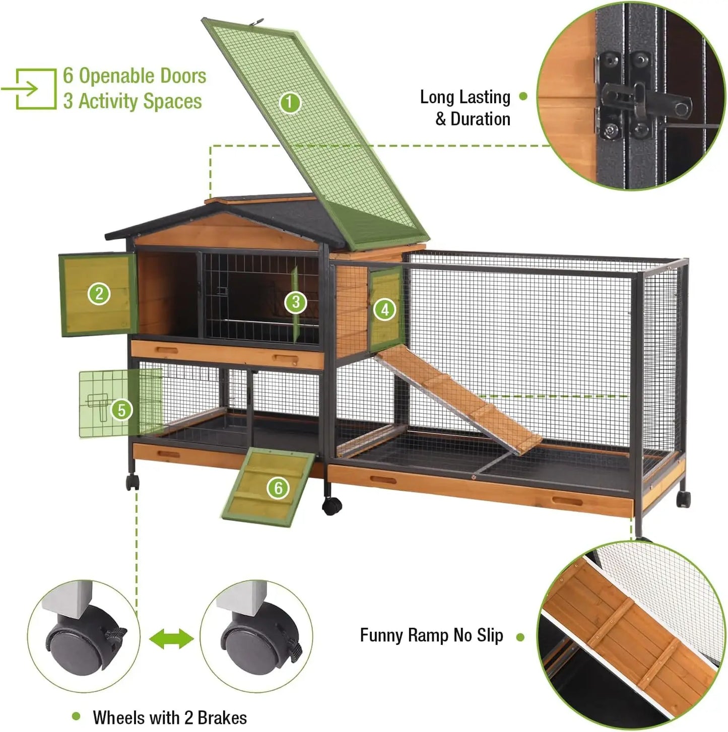 Indoor/Outdoor Rabbit Hutch With Wheels For Large Guinea Pig, Small Animals