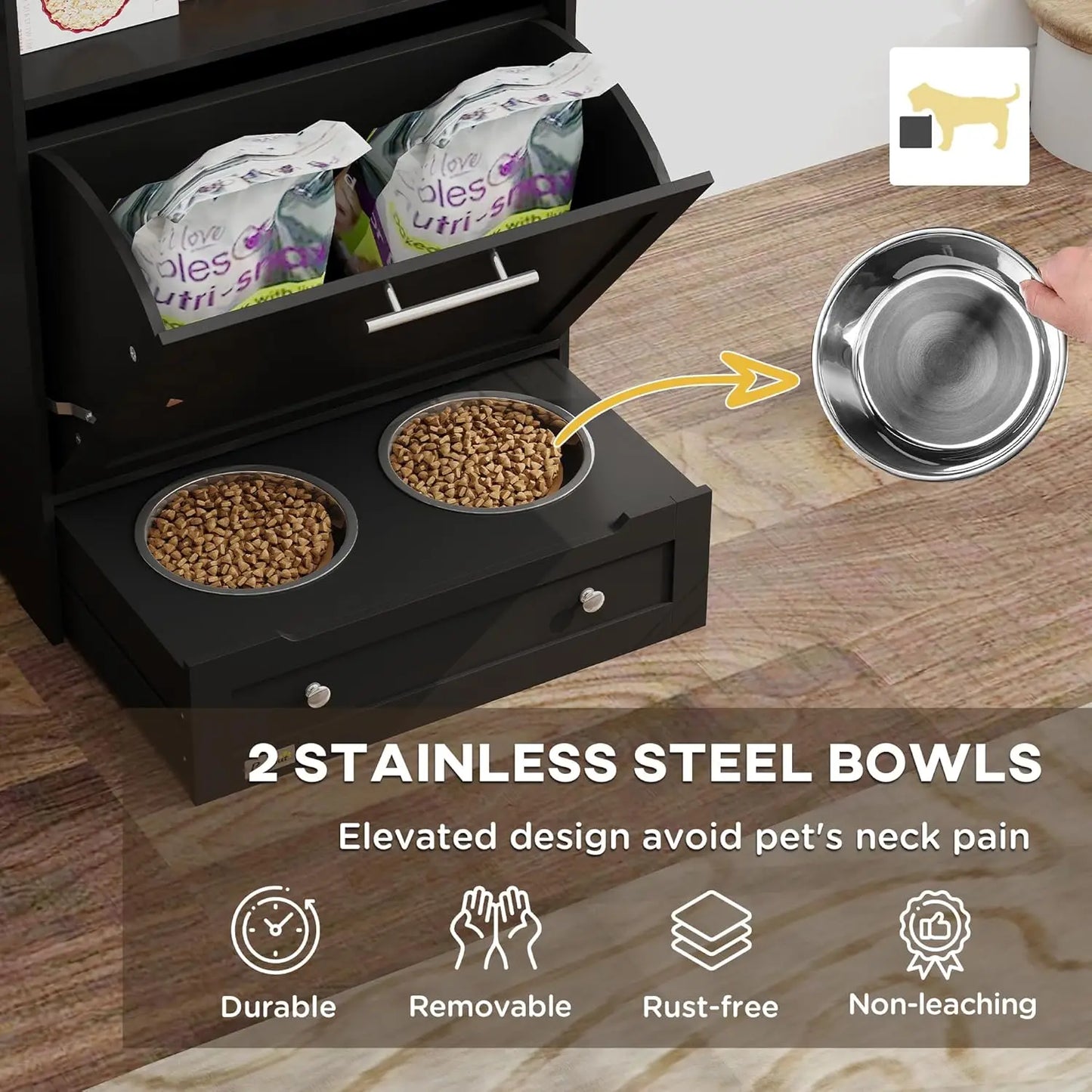 Dog Feeding And Storage Cabinet with Raised Bowls