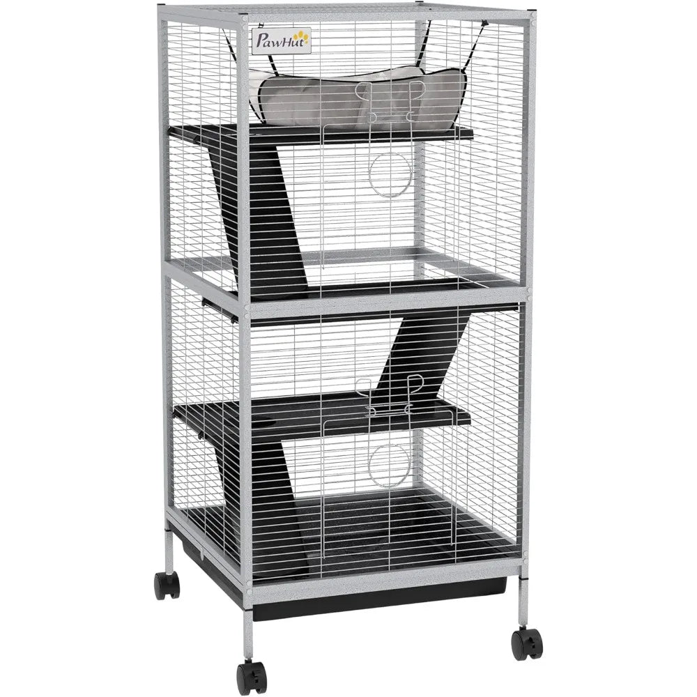 Metal Small Animal Cage Rolling Big Ferret Cage, Chinchilla Cage, Sugar Glider Cage, with Hammock & 4 Tiers, Removable