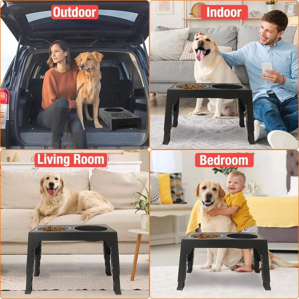 Elevated Slow Feeder Pet Bowl Holder with 5 Height Adjustments for Small, Medium and Large Dogs, Cats and Pets Water Bowls.