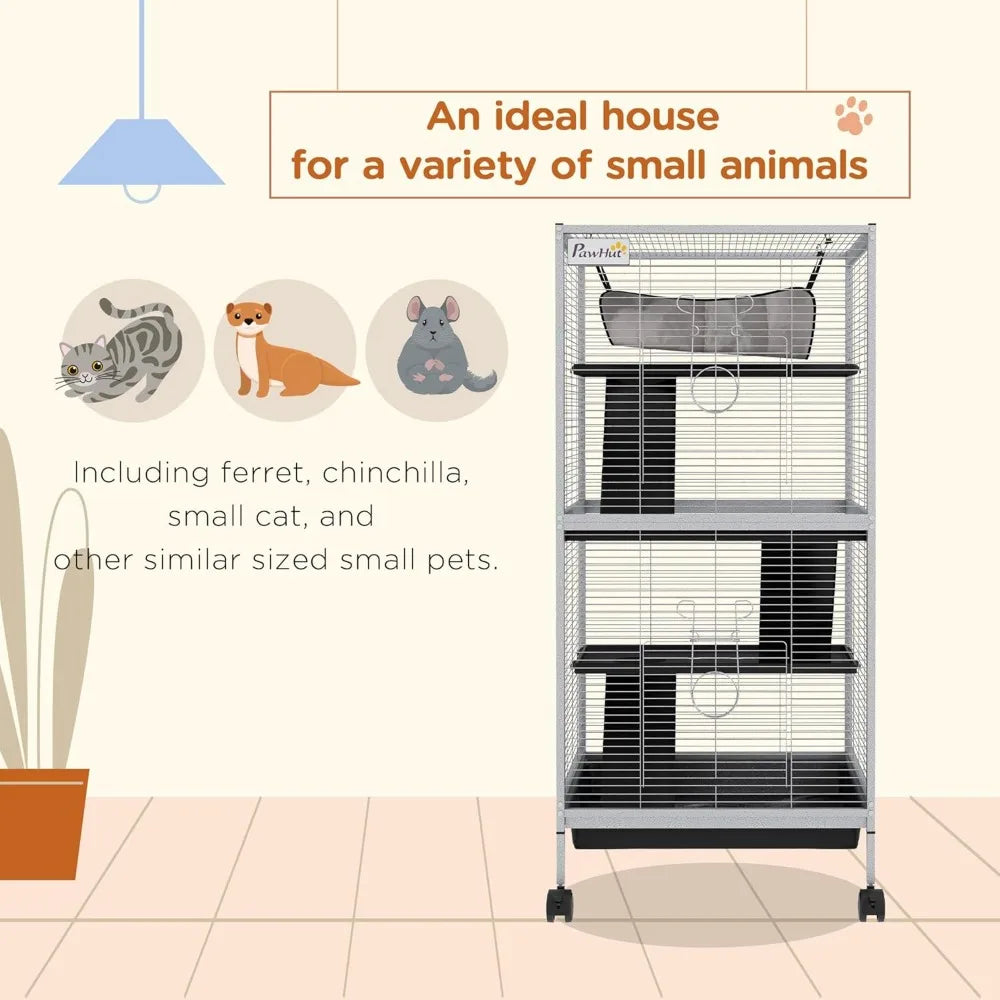 Metal Small Animal Cage Rolling Big Ferret Cage, Chinchilla Cage, Sugar Glider Cage, with Hammock & 4 Tiers, Removable