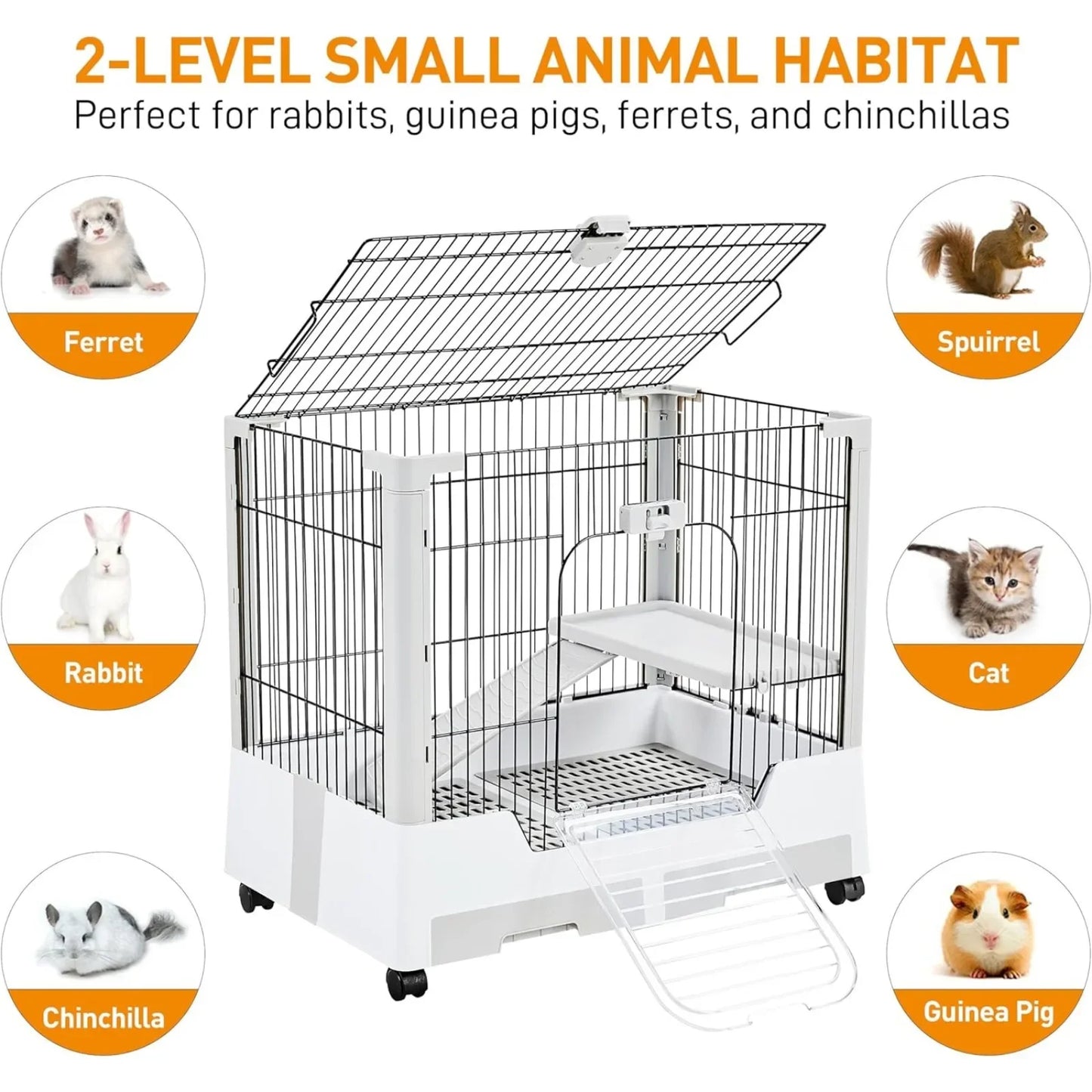 Small Animal Cage 2-Level Open Top, Wheels, Pull-Out Tray