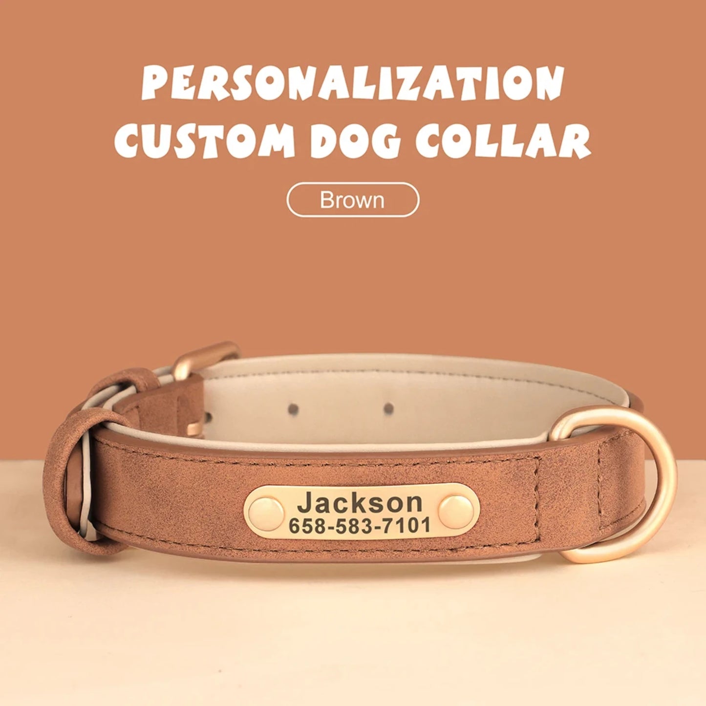 Soft Padded Personalized PU Leather Dog Collar With Free Engraved ID Tag