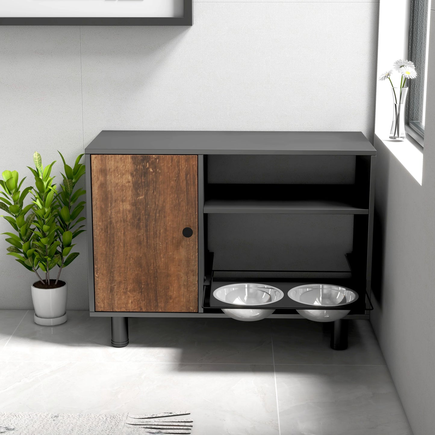 Large Pet Feeding and Storage Cabinet with Stainless Steel Bowls