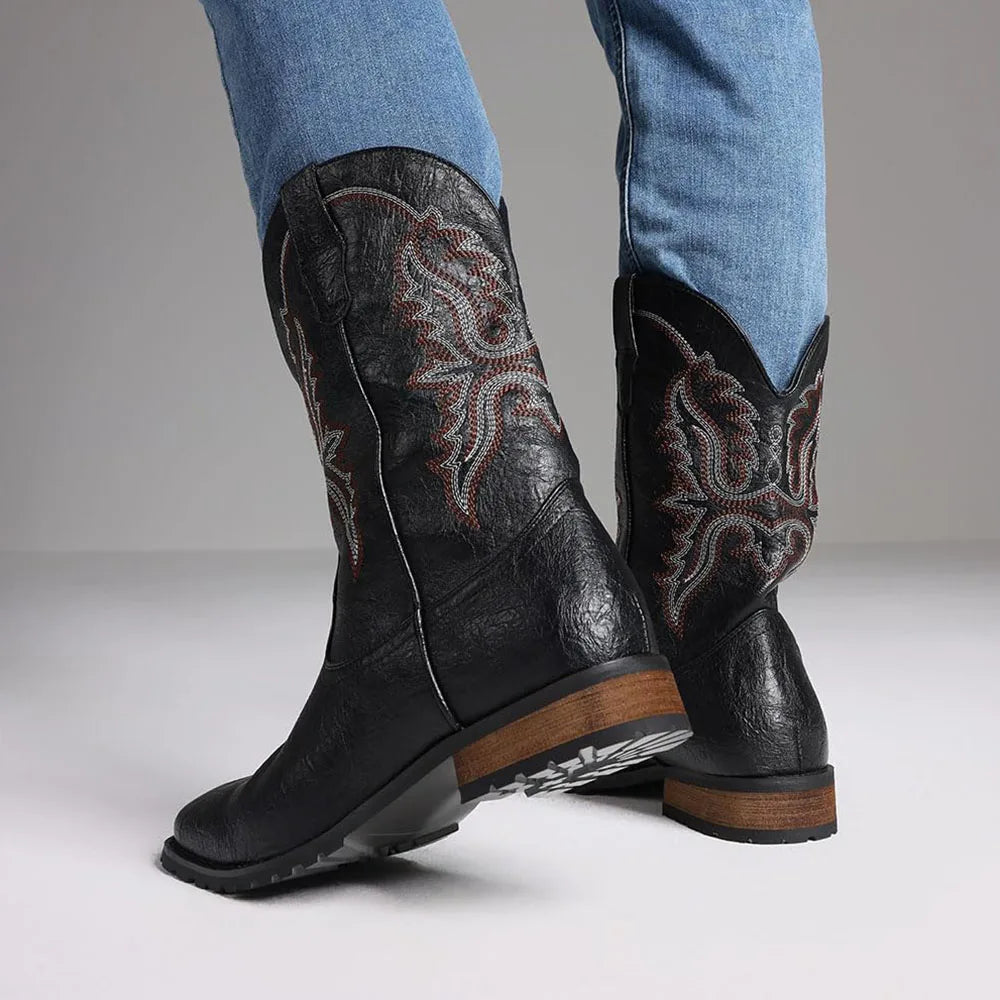 Fashion Retro Square Toe Cowboy Boots Luxury Embroidered