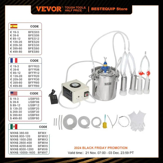 VEVOR Milking Machine Stainless Steel Bucket Electric Automatic Pulsation, Tubes, Adjustable Suction