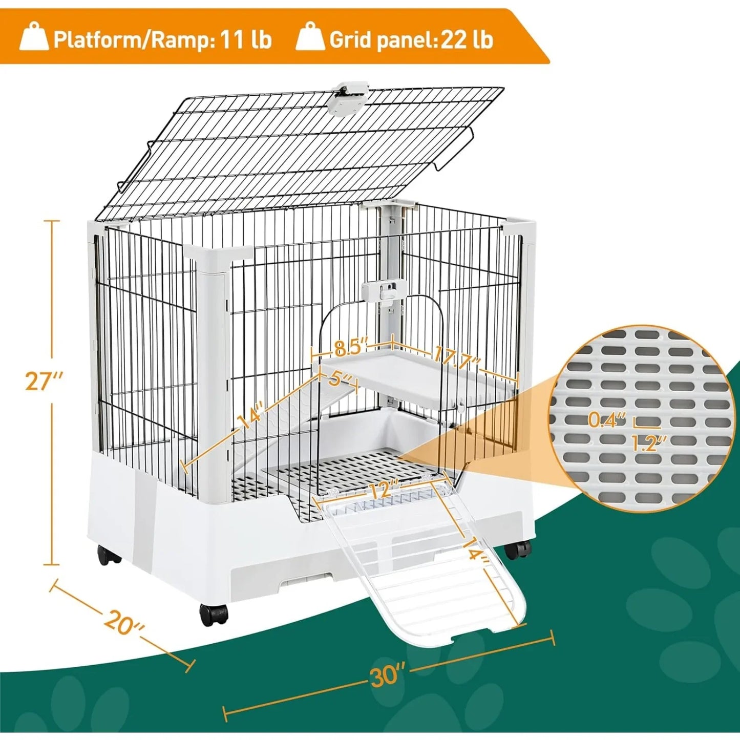 Small Animal Cage 2-Level Open Top, Wheels, Pull-Out Tray