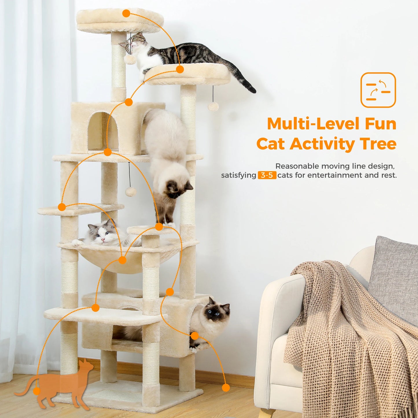 184cm Large Cat Tree And Tower For Indoor Cats With Scratching Posts And Hammock