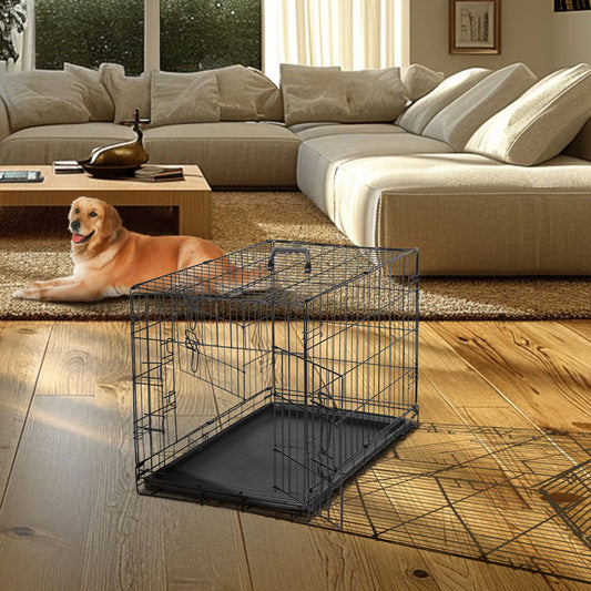 24 inch Dog Crate with Divider, Double Door Folding with Plastic Tray