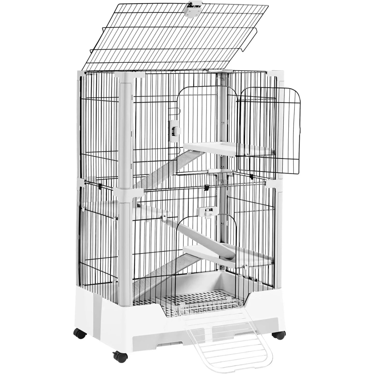 Small Animal Cage 2-Level Open Top, Wheels, Pull-Out Tray