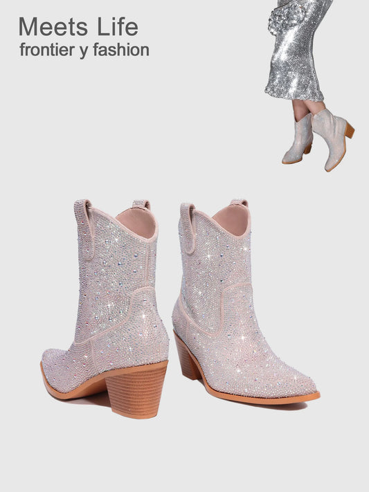 Ankle Apricot Rhinestone Cowboy Boots for Women