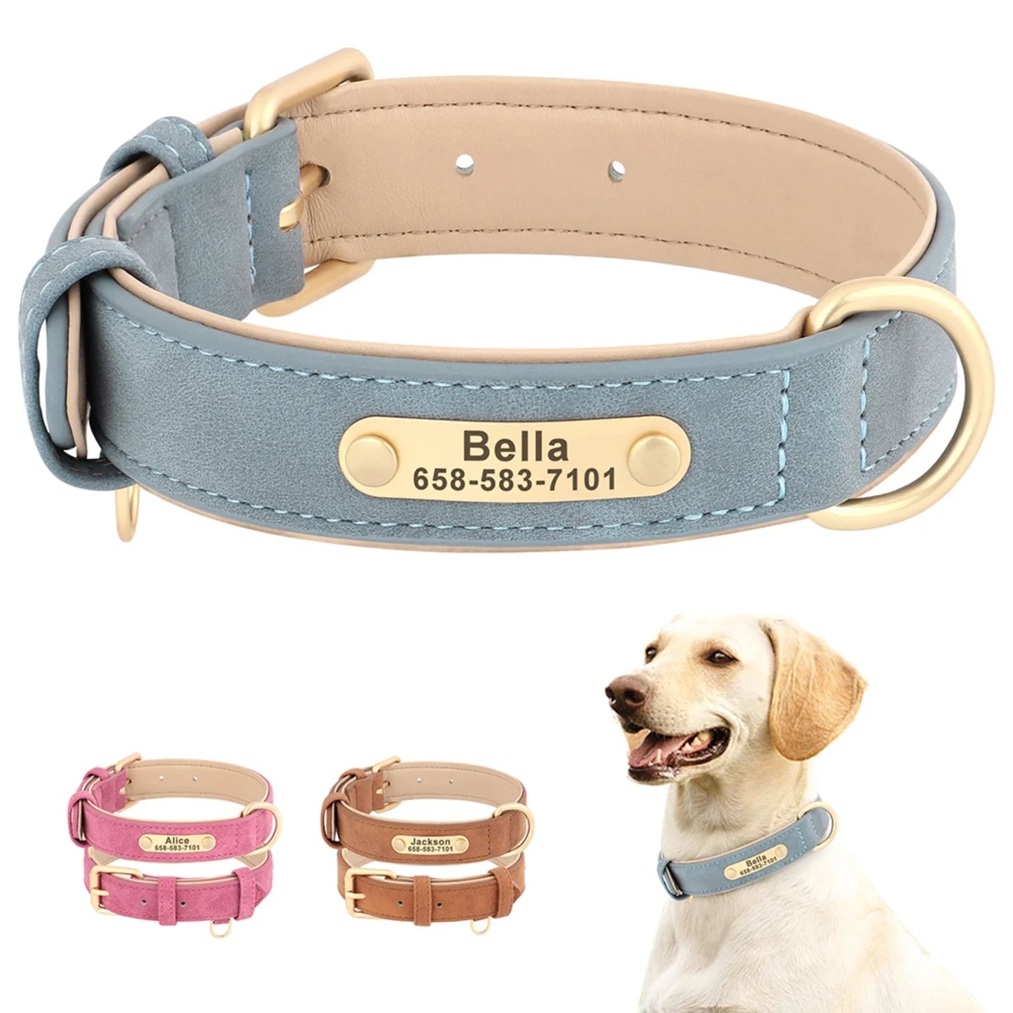 Soft Padded Personalized PU Leather Dog Collar With Free Engraved ID Tag