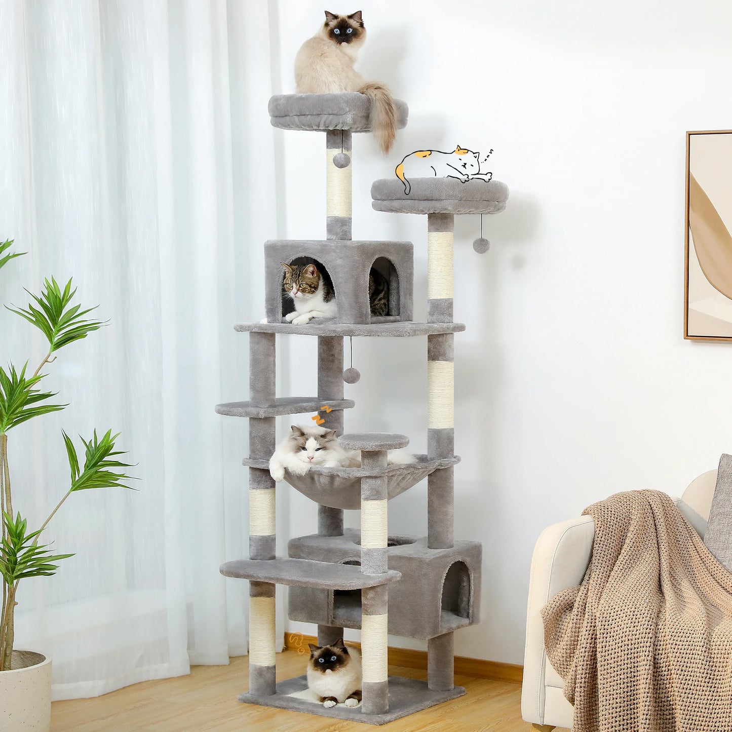 184cm Large Cat Tree And Tower For Indoor Cats With Scratching Posts And Hammock