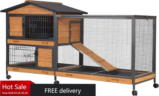 Indoor/Outdoor Rabbit Hutch With Wheels For Large Guinea Pig, Small Animals