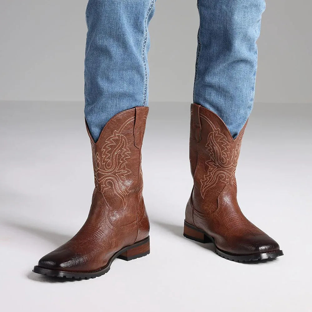 Fashion Retro Square Toe Cowboy Boots Luxury Embroidered