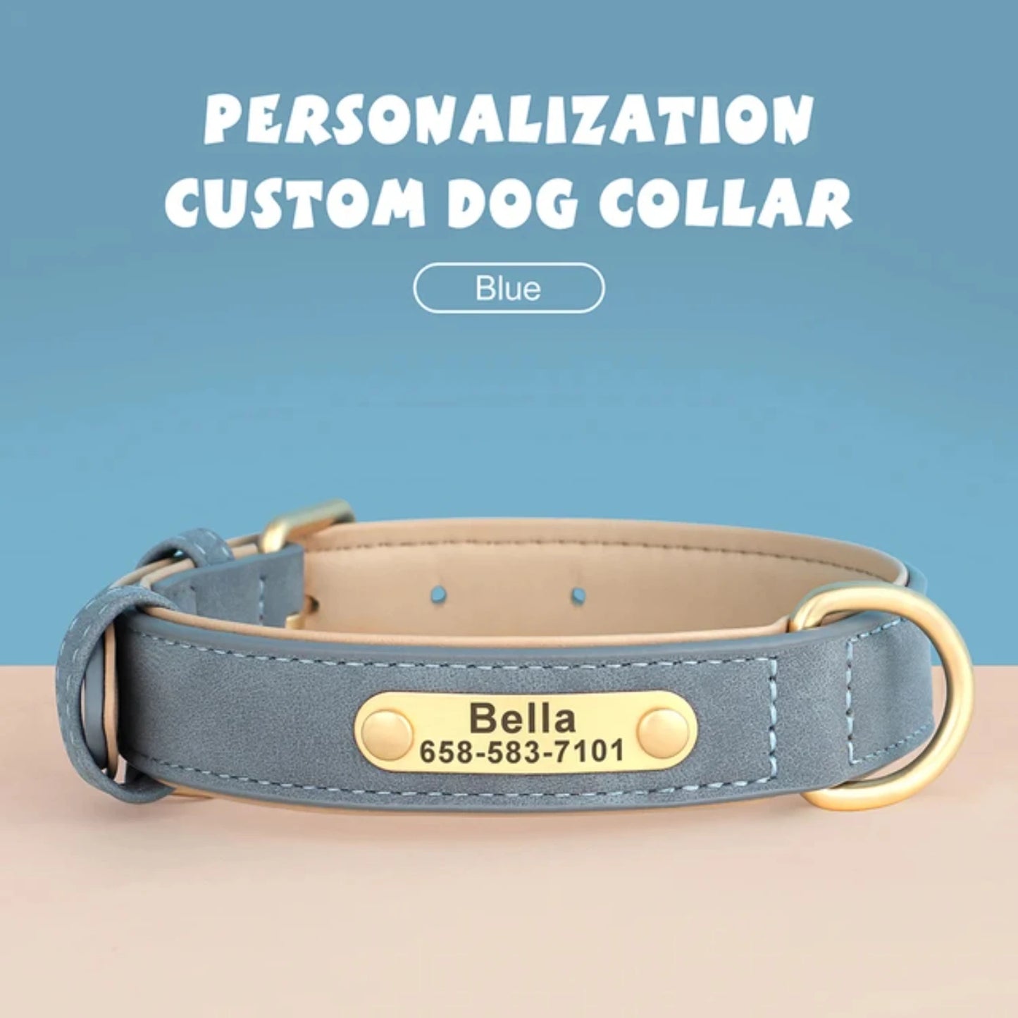 Soft Padded Personalized PU Leather Dog Collar With Free Engraved ID Tag