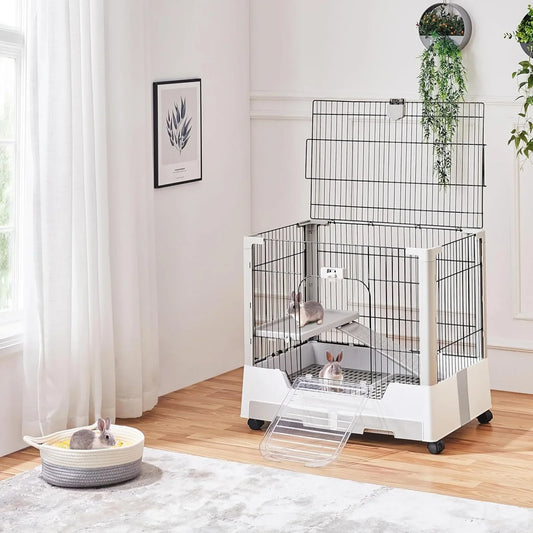 Small Animal Cage 2-Level Open Top, Wheels, Pull-Out Tray