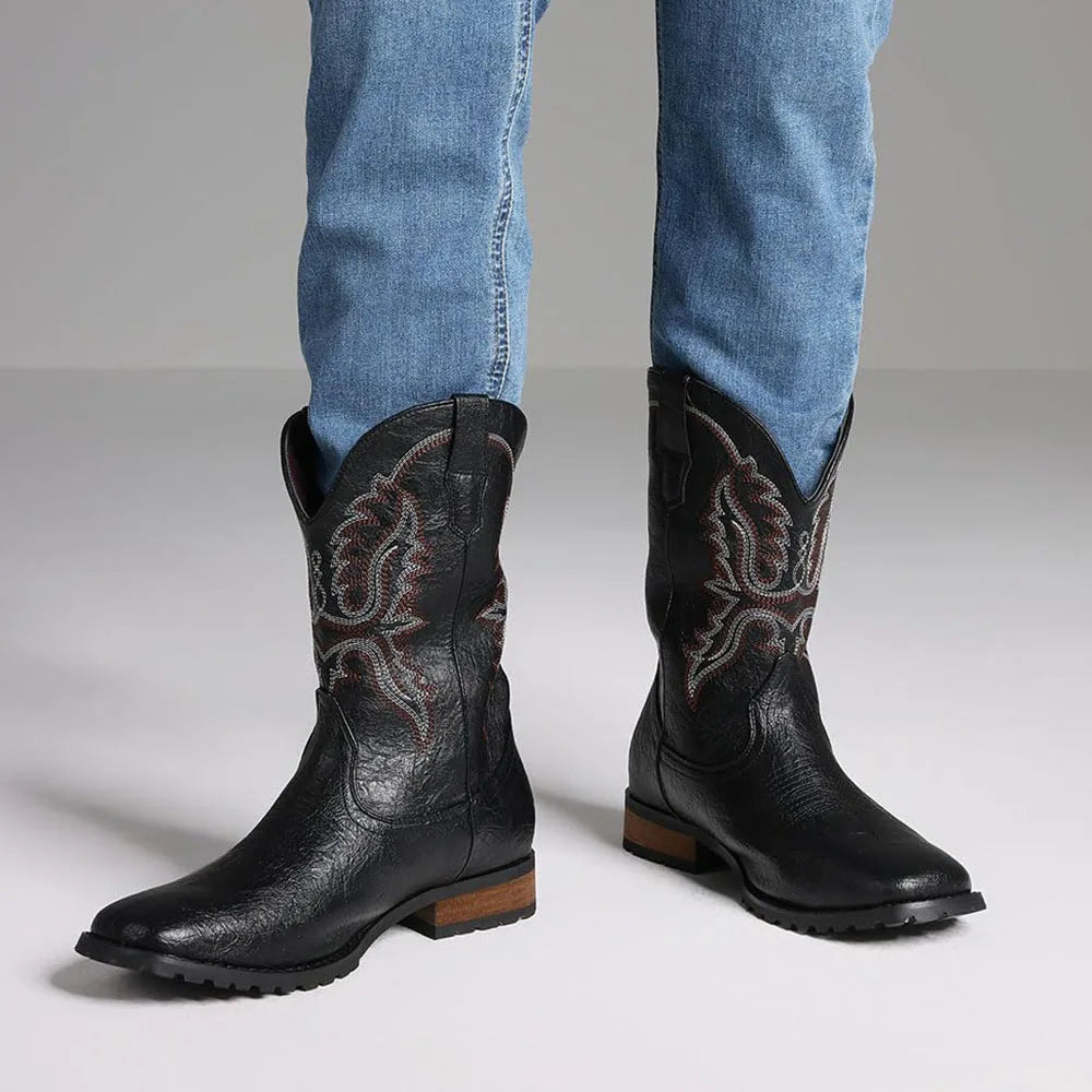 Fashion Retro Square Toe Cowboy Boots Luxury Embroidered
