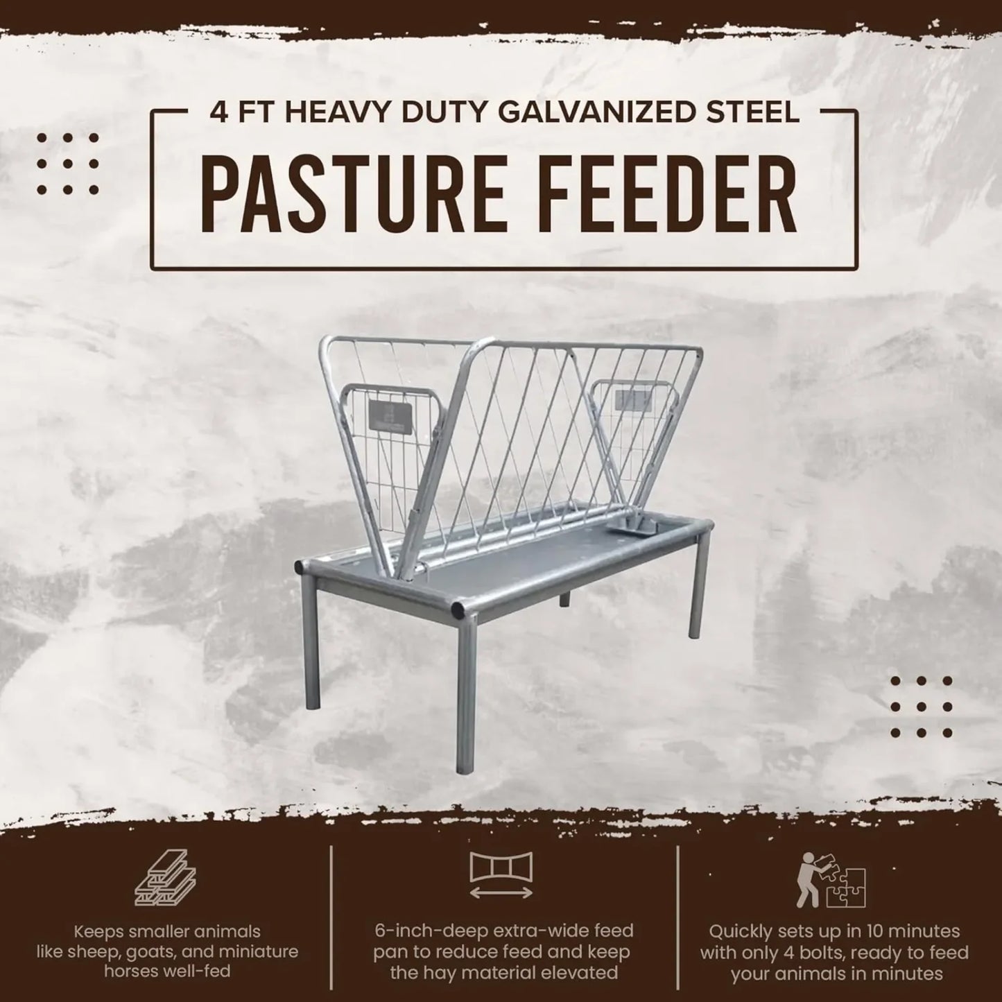 US 4 Foot Long Outdoor Heavy Duty Mini Galvanized Steel Pasture Hay Feeder for Goats, Sheep, and Miniature Horses, Silver