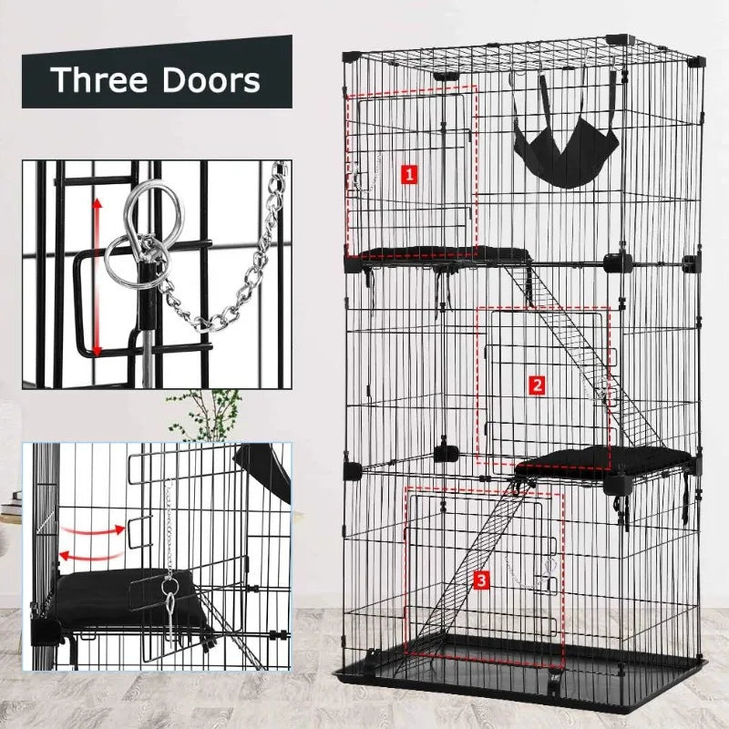 3-Tier 67 Inch Cat/Ferret Enclosure With Hammock, 3 Front Doors