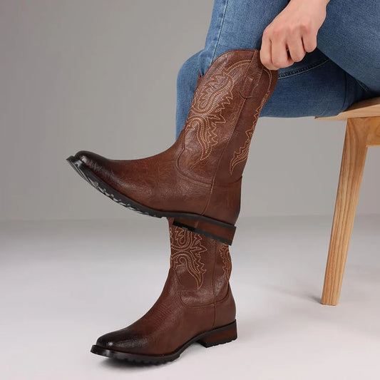 Fashion Retro Square Toe Cowboy Boots Luxury Embroidered