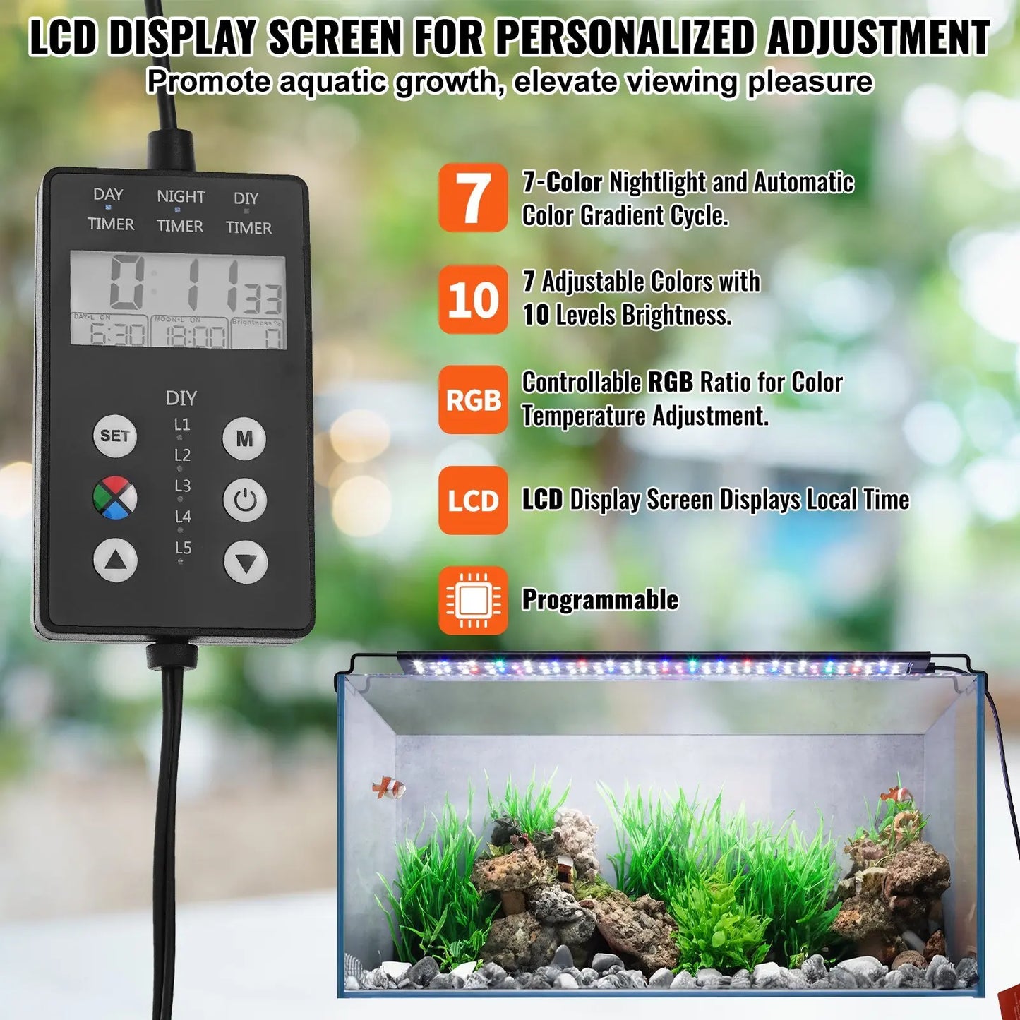 Aquarium Light with LCD Monitor, 18W Light Adjustable Brightness & Timer -