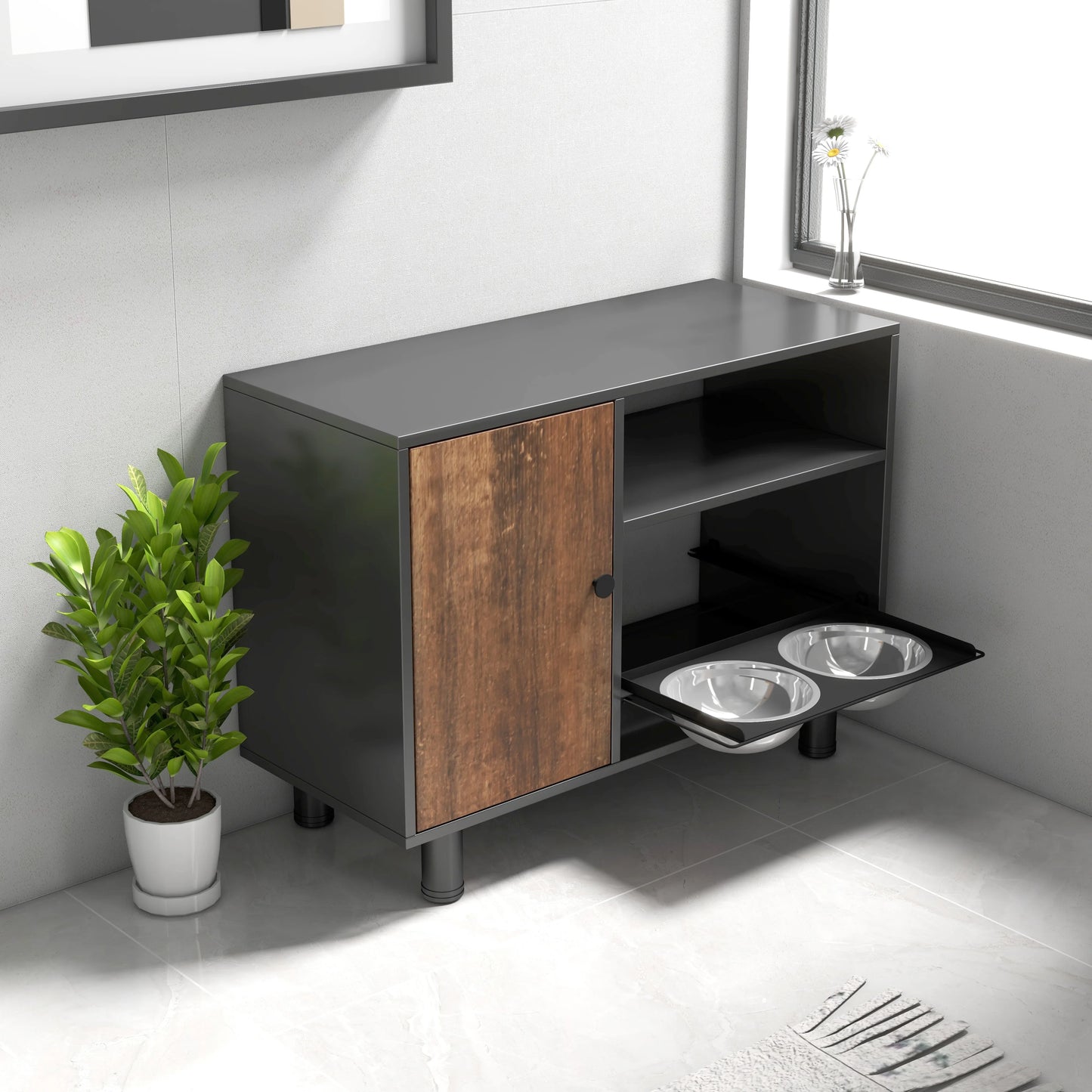 Large Pet Feeding and Storage Cabinet with Stainless Steel Bowls