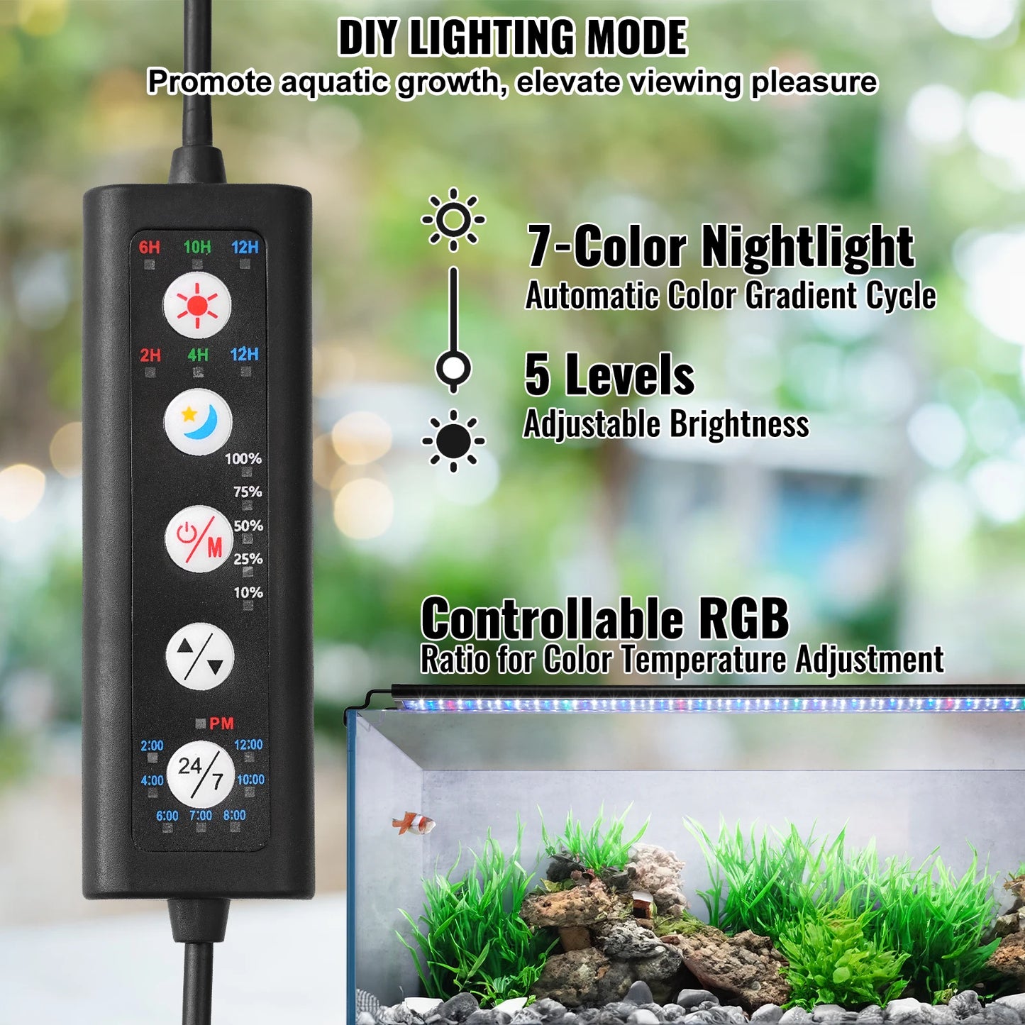 Fish Tank Light W/ 5-Level Brightness, Extendable Brackets
